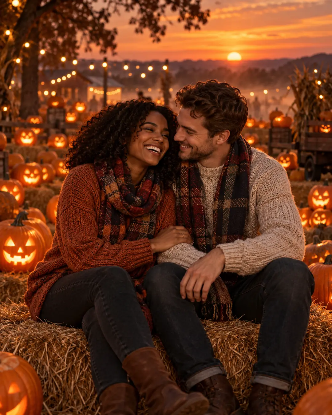 Pumpkin Patch Couple — AI-created style illustration